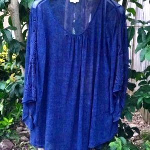 🧚‍♀️🦄EUC 3X Siren Lily Navy Sheer Lace Sleeve Peasant Blouse💜💙